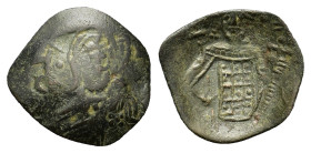 John III Ducas (Emperor of Nicaea, 1222-1254). BI Trachy (16mm, 0.60g). Thessalonica. Facing bust of Christ. R/ Half-length figure of John III, holdin...