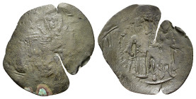 Empire of Thessalonica. Theodore Comnenus Ducas (1224-1230). AE Trachy (). Christ seated facing. R/Theodore on l. and St. Demetrius at r., standing fa...