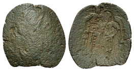Theodore Comnenus-Ducas (1225-1230). Thessalonica. Æ Trachy (21,2mm, 2g). Christ Pantokrator enthroned facing. R/ Theodore, on l., standing facing, ho...