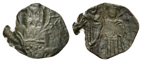 John Comnenus-Ducas (Emperor of Thessalonica, 1237-1242). BI Aspron Trachy (19mm, 1.00g). Thessalonica. Facing bust of Christ Pantokrator. R/ John and...
