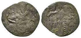 Michael VIII Palaeologus (1261-1282). Æ Trachy (22mm, 1.00g). Constantinople. Half-length bust of St. George facing, holding spear and shield. R/ Mich...