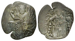 Michael VIII Palaeologus (1261-1282). Æ Trachy (24mm, 1.80g). Constantinople. Christ seated facing, raising hand in benediction. R/ Michael standing f...