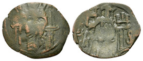 Michael VIII Palaeologus (1261-1282). Æ Trachy (23mm, 2.00g). Constantinople. Christ enthroned facing. R/ Michael standing facing, holding long cross ...
