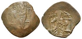 Michael VIII Palaeologus (1261-1282). Æ Trachy (25mm, 1.65g). Constantinople. Christ standing facing on dais. R/ Michael enthroned facing, holding lab...