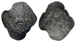 Michael VIII Palaeologus (1261-1282). Brockage Æ Trachy (20mm, 1.40g). Thessalonica. Nimbate, half-length facing bust of St. Demetrios, in military ou...