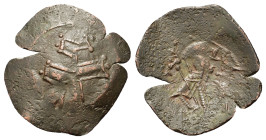 Andronicus II Palaeologus (1282-1328). Æ Trachy (23mm, 1.80g). Thessalonica. Patriarchal cross. R/ Andronicus standing facing, holding sceptre and aka...
