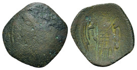 Andronicus II Palaeologus (1282-1328). Æ Trachy (20,4mm, 2.3g). Thessalonica. Palaeologan monogram. R/ Winged figure of Andronicus facing, holding cro...