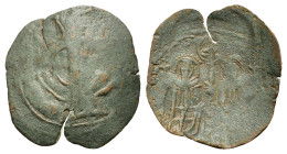 Andronicus II Palaeologus with Michael IX (1282-1328). Æ Trachy (20.5mm, 1.20g). Thessalonica. Two concentric circles bisected by three vertical lines...