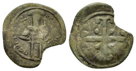 Andronicus III Paleologus (1328-1341). Æ Assarion (20,5mm, 1.5g). Constantinople. Ornate cross ancrée. R/ Half-length figure of Andronicus standing fa...