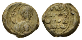 Byzantine Pb Seal, c. 11th-12th century (15mm, 4.40g). Nimbate bust of the Virgin, holding medallion with Christ. R/ Legend in four lines. Near VF