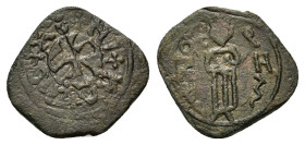 Italy, Sicily, Messina. Ruggero II (1105-1154). Æ Half Follaro (15.5mm, 1.80g). King standing facing. R/ Cross. Spahr 78; MIR 28.