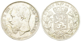 Belgium. Leopold II (1865-1909). AR 5 Francs 1870. (37,4mm, 24,8g).