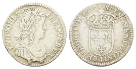 France. Louis XIV (1643-1715). AR 1/12 Écu 1659-I (20,7mm, 2.22g). Limoges. Laureate, draped and armored bust r. R/ Crowned coat-of-arms. Duplessy 147...
