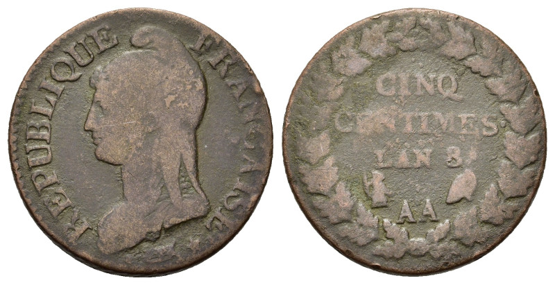 France. First Republic (1792-1804). Æ 5 Centimes L'AN 8 AA (27,5mm, 8.3g). Metz....