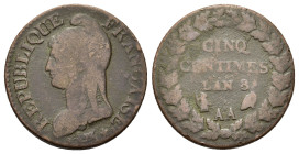 France. First Republic (1792-1804). Æ 5 Centimes L'AN 8 AA (27,5mm, 8.3g). Metz. KM 640.2.