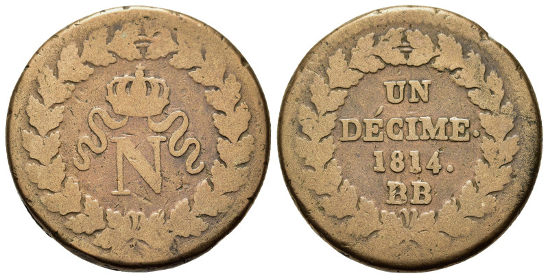 France. Napoleon I (1804-1814, 1815). Æ 1 Décime = 10 centimes 1814. (32,1mm, 22...