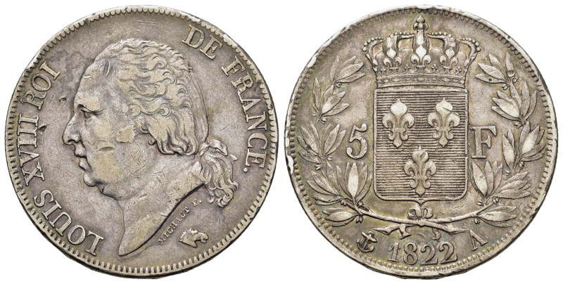 France. Louis XVIII (1814-1815, 1815-1824). AR 5 Francs 1822. (37mm, 24,9g).