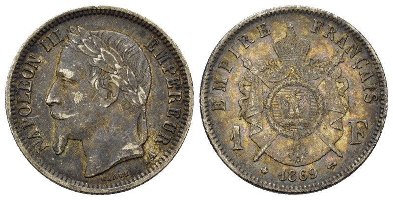 France. Napoleon III (Napoléon III) (1852-1870). AR 1 Francs 1869. (23mm, 5g).