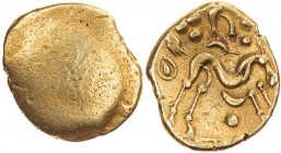 GALLIEN AMBIANI
 AV-Stater, Type Uniface um 60-52 v. Chr. Vs.: amorpher Buckel, Rs.: stark abstrahiertes Pferd n. r., umher Ornamente LT 8717; DT 241...
