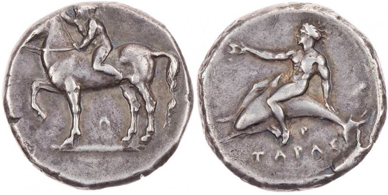KALABRIEN TARENT
 AR-Didrachme/Nomos um 380-345 v. Chr. Vs.: Jüngling sitzt auf...