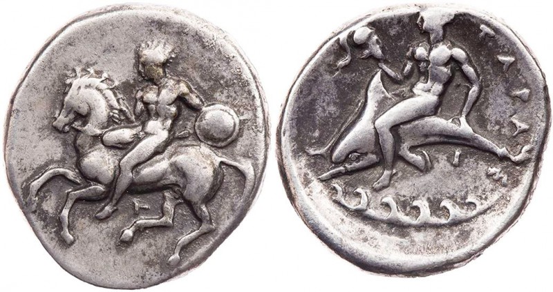KALABRIEN TARENT
 AR-Didrachme/Nomos um 355-340 v. Chr. Vs.: Jüngling mit Runds...