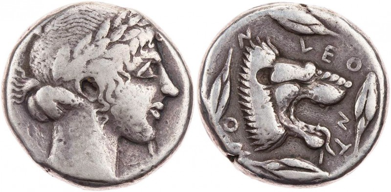 SIZILIEN LEONTINOI
 AR-Tetradrachme 450-430 v. Chr. Vs.: Kopf des Apollon mit L...