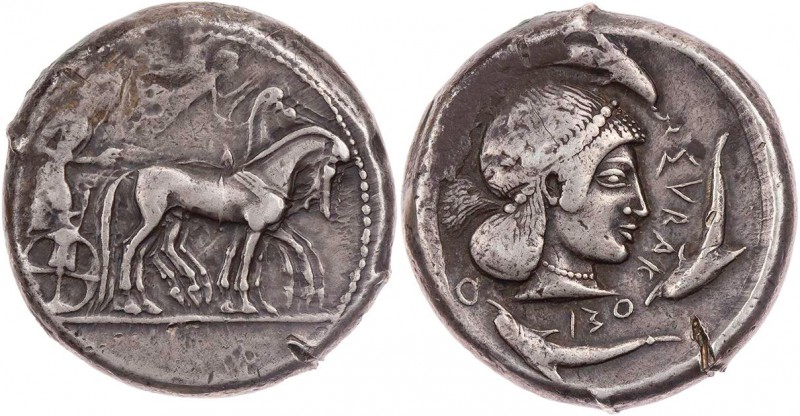 SIZILIEN SYRAKUS
 AR-Tetradrachme um 480-475 v. Chr. Vs.: Wagenlenker in Maulti...
