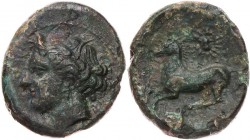 SIZILIEN ZIZ (PANORMUS)
AEs 350-254 v. Chr. Vs.: ZIZ, Kopf der Arethusa mit Schilfkranz n. l., Rs.: Pferd n. l., oben Sonnenstern, unten Galeerenbug ...