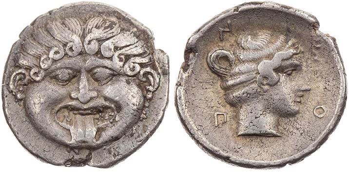 MAKEDONIEN NEAPOLIS
 AR-Hemidrachme 424-350 v. Chr. Vs.: Gorgoneion, Rs.: Kopf ...