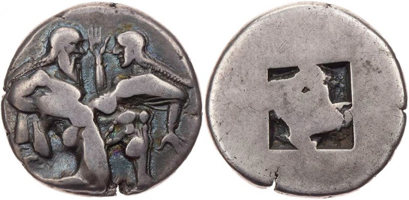 THRAKIEN THASOS
 AR-Stater 500-463 v. Chr. Vs.: ithyphallischer Satyr im Kniela...