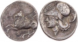 AKARNANIEN THYRRHEION
 AR-Stater 350-300 v. Chr. Vs.: Pegasos fliegt n. l., darunter Theta, Rs.: Kopf der Athena mit korinthischem Helm n. l., rechts...