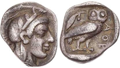 ATTIKA ATHEN
 AR-Obol um 460-450 v. Chr. Vs.: Kopf der Athena mit Helm und Lorb...