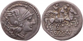 RÖMISCHE REPUBLIK
Anonym, nach 211 v. Chr. AR-Denar Rom Vs.: Kopf der Roma mit geflügeltem Helm n. r., dahinter X, Rs.: Dioskuren reiten mit angelegt...