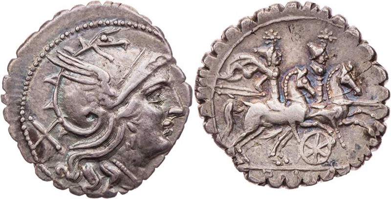 RÖMISCHE REPUBLIK
Anonym, 209/208 v. Chr. AR-Denar (Serratus) Mzst. auf Sizilie...