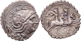 RÖMISCHE REPUBLIK
Anonym, 209/208 v. Chr. AR-Denar (Serratus) Mzst. auf Sizilien (?) Vs.: Kopf der Roma mit geflügeltem Helm n. r., dahinter X, Rs.: ...