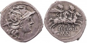 RÖMISCHE REPUBLIK
L. Coelius, 189-180 v. Chr. AR-Denar Rom Vs.: Kopf der Roma mit geflügeltem Helm n. r., dahinter X, Rs.: Dioskuren reiten mit angel...