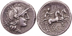 RÖMISCHE REPUBLIK
C. Iuventius Thalna, 154 v. Chr. AR-Denar Rom Vs.: Kopf der Roma mit geflügeltem Helm n. r., dahinter X, Rs.: Victoria in Biga n. r...