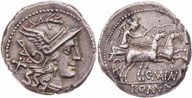 RÖMISCHE REPUBLIK
C. Maianius, 153 v. Chr. AR-Denar Rom Vs.: Kopf der Roma mit geflügeltem Helm n. r., dahinter X, Rs.: Victoria in Biga n. r., darun...
