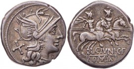 RÖMISCHE REPUBLIK
C. Iunius C. f., 149 v. Chr. AR-Denar Rom Vs.: Kopf der Roma mit geflügeltem Helm n. r., dahinter X, Rs.: Dioskuren reiten mit ange...