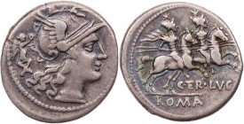 RÖMISCHE REPUBLIK
C. Terentius Lucanus, 147 v. Chr. AR-Denar Rom Vs.: Kopf der Roma mit geflügeltem Helm n. r., dahinter Victoria mit Kranz über X, R...