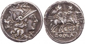 RÖMISCHE REPUBLIK
C. Antestius, 146 v. Chr. AR-Denar Rom Vs.: Kopf der Roma mit geflügeltem Helm n. r., dahinter Hund, unter dem Kinn X, Rs.: Dioskur...