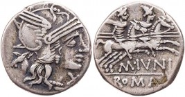 RÖMISCHE REPUBLIK
M. Iunius Silanus, 145 v. Chr. AR-Denar Rom Vs.: Kopf der Roma mit geflügeltem Helm n. r., dahinter Eselskopf, unter dem Kinn X, Rs...