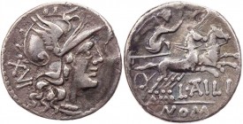 RÖMISCHE REPUBLIK
L. Atilius Nomentanus, 141 v. Chr. AR-Denar Rom Vs.: Kopf der Roma mit geflügeltem Helm n. r., dahinter XVI, Rs.: Victoria in Biga ...