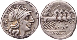 RÖMISCHE REPUBLIK
M. Aufidius Rusticus, 140 v. Chr. AR-Denar Rom Vs.: Kopf der Roma mit geflügeltem Helm n. r., dahinter XVI, unter dem Kinn RVS, Rs....