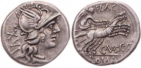 RÖMISCHE REPUBLIK
C. Valerius Flaccus, 140 v. Chr. AR-Denar Rom Vs.: Kopf der Roma mit geflügeltem Helm n. r., dahinter XVI, Rs.: FLAC / C·VAL·C·F, V...