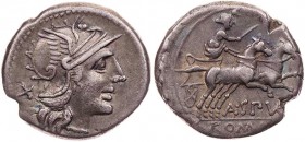 RÖMISCHE REPUBLIK
A. Spurilius, 139 v. Chr. AR-Denar Rom Vs.: Kopf der Roma mit geflügeltem Helm n. r., dahinter X, Rs.: Victoria in Biga n. r., daru...