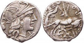 RÖMISCHE REPUBLIK
Sex. Pompeius Fostlus, 137 v. Chr. AR-Denar Rom Vs.: Kopf der Roma mit geflügeltem Helm n. r., dahinter Krug, unter dem Kinn X, Rs....