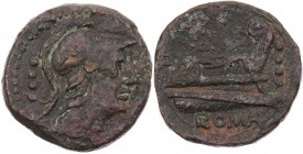 RÖMISCHE REPUBLIK
M. Marcius Mn. f., 134 v. Chr. AE-Triens Rom Vs.: Kopf der Minerva mit Helm n. r., dahinter vier Wertkugeln, Rs.: Prora n. r., oben...
