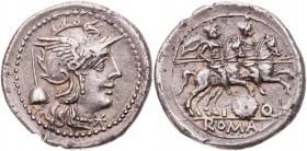 RÖMISCHE REPUBLIK
T. Quinctius Flaminius, 126 v. Chr. AR-Denar Rom Vs.: Kopf der Roma mit geflügelten Helm n. r., dahinter Apex, unter dem Kinn Wertz...