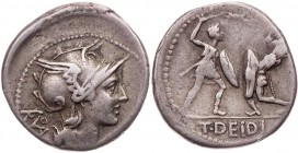 RÖMISCHE REPUBLIK
T. Didius, 113/112 v. Chr. AR-Denar Rom Vs.: Kopf der Roma mit geflügeltem Helm n. r., dahinter ROMA-Monogramm, Rs.: zwei Gladiator...